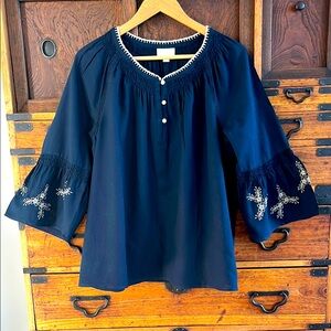 J. Jill Embroidered Peasant Blouse Navy Sz: M